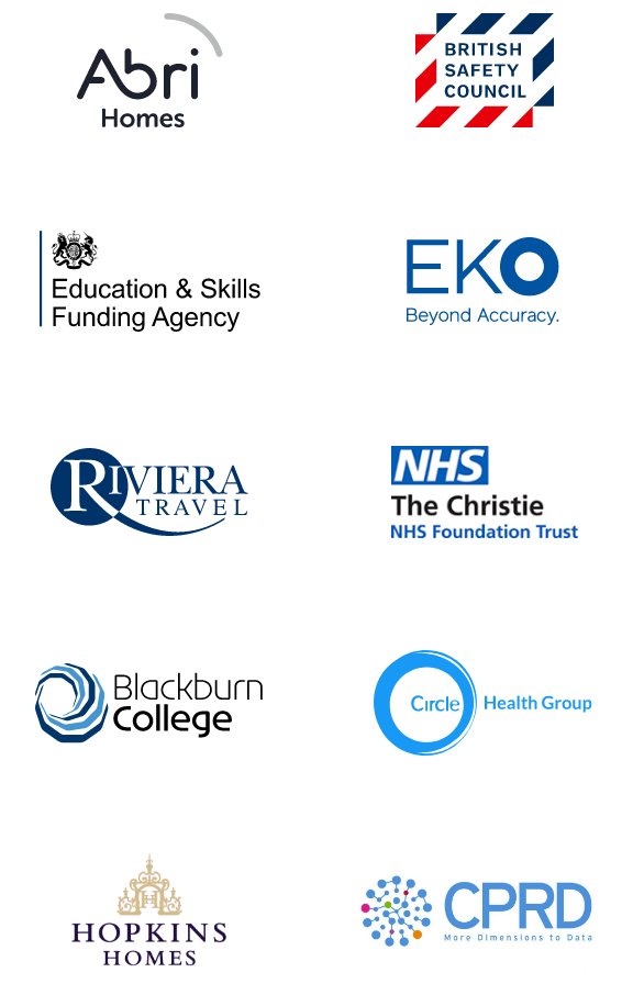 Client logos - Left column: Abri homes, Educational & Skills funding agency, Riviera Travel, Blackburn College, Hopkins homes. Right column: British safety council, Eko, The Christie NHS foundation trust, Circle Health Group, CPRD
