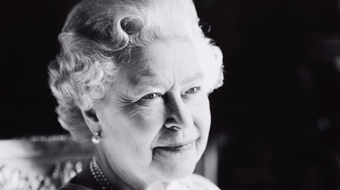 Black and white portrait of Queen Elizabeth II